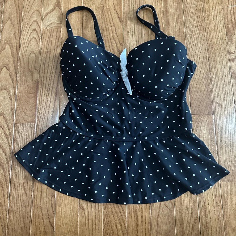 Unique Vintage Black & White Pin Dot Peplum Solana Tankini Swim Top Size Large - Picture 3 of 9